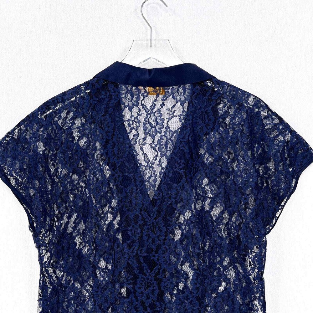 VICTORIAS SECRET Lace Button Up Top Medium Blue Vintage Gold Label Short Sleeve - Picture 6 of 14